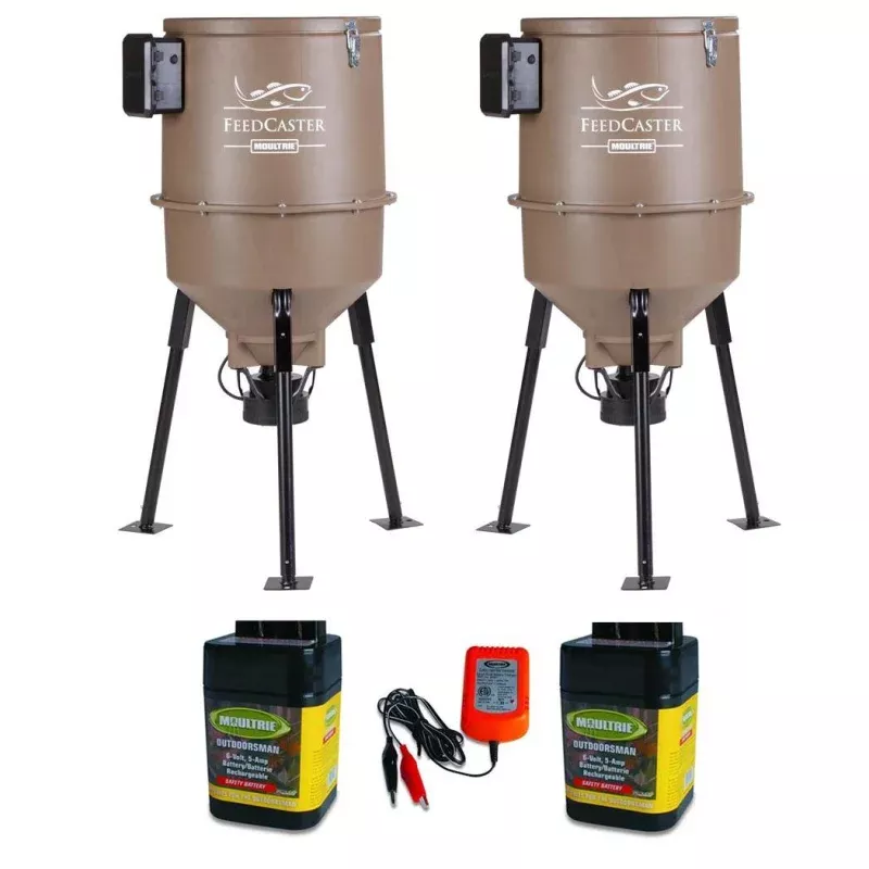 (2) MOULTRIE 30 Gallon Feedcaster Pro Fish Feeders + (2) 6V Batteries & Charger
