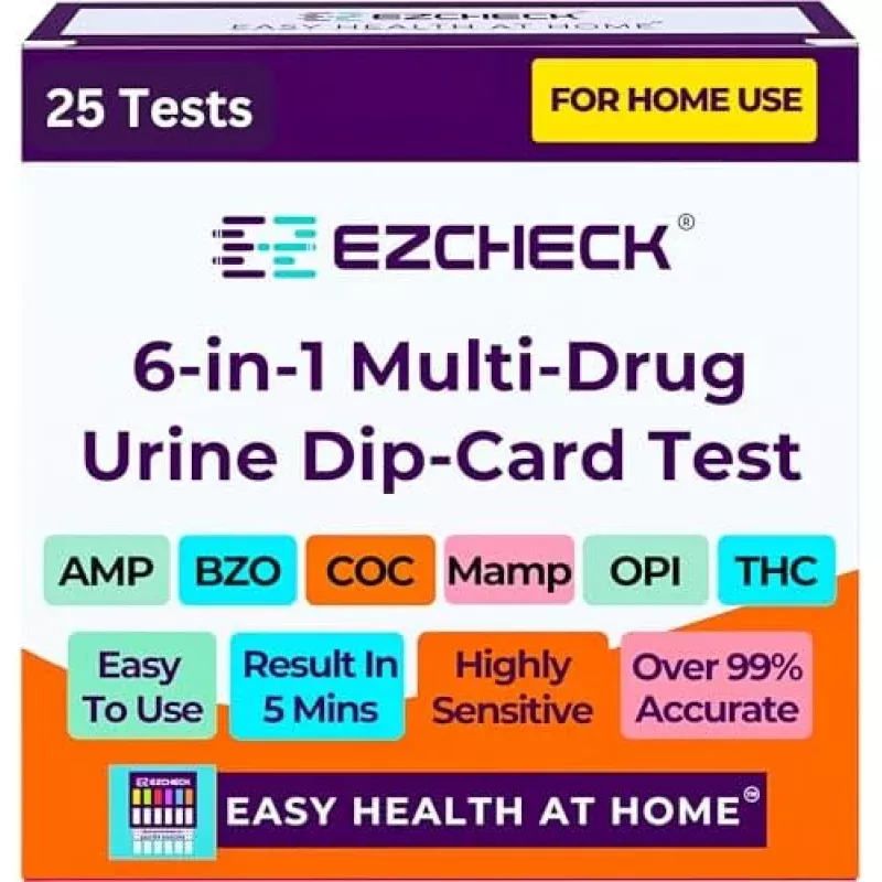 [25 Pack] EZCHECK 6-Panel Drug Test - at-Home Rapid Urine Screening Kit for 6 Most Used Drugs: (THC-Marijuana, BZO-Benzos, MET-Meth, OPI/MOP-Opiates, AMP-Amphetamine, COC) - FSA/HSA Eligible